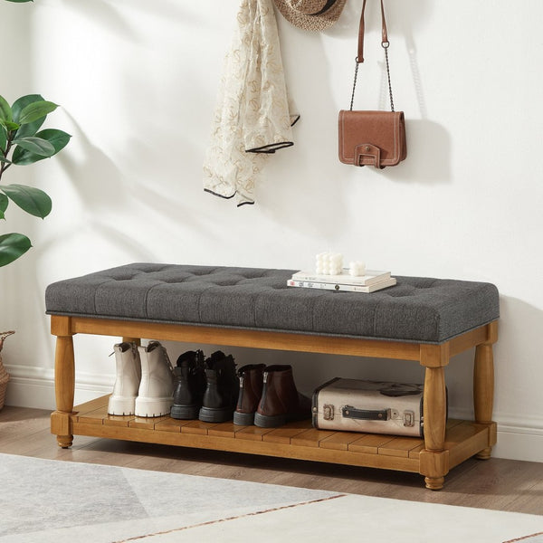 English Elm Upholstered Tufted Bench with Slatted Shelf Spindle Legs Bedroom Entryway Accent Granite W2186P504498