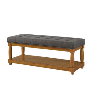 English Elm Upholstered Tufted Bench with Slatted Shelf Spindle Legs Bedroom Entryway Accent Granite W2186P504498
