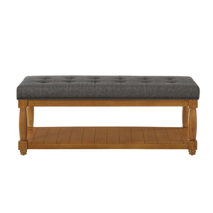English Elm Upholstered Tufted Bench with Slatted Shelf Spindle Legs Bedroom Entryway Accent Granite W2186P504498
