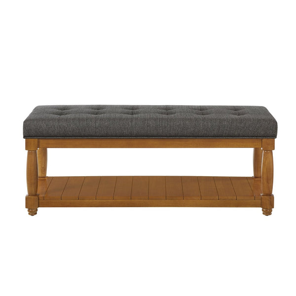 English Elm Upholstered Tufted Bench with Slatted Shelf Spindle Legs Bedroom Entryway Accent Granite W2186P504498