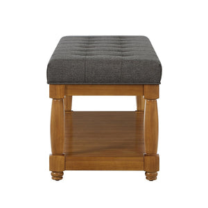 English Elm Upholstered Tufted Bench with Slatted Shelf Spindle Legs Bedroom Entryway Accent Granite W2186P504498