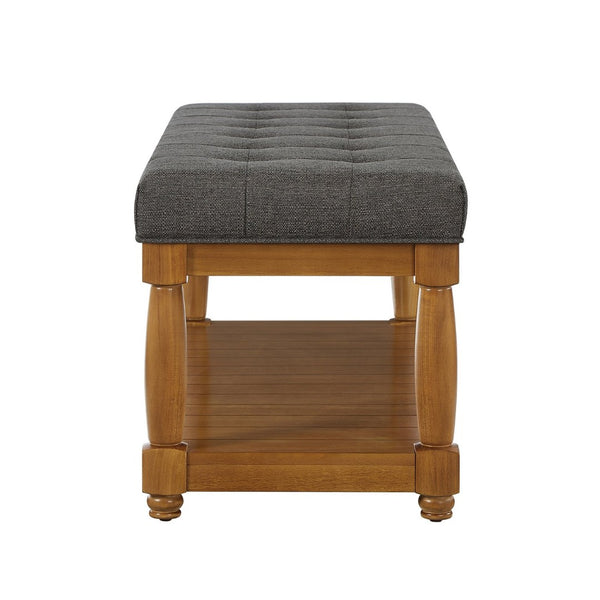 English Elm Upholstered Tufted Bench with Slatted Shelf Spindle Legs Bedroom Entryway Accent Granite W2186P504498