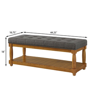 English Elm Upholstered Tufted Bench with Slatted Shelf Spindle Legs Bedroom Entryway Accent Granite W2186P504498