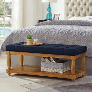 English Elm Upholstered Tufted Bench with Slatted Shelf Spindle Legs Bedroom Entryway Accent Navy Blue W2186P504499