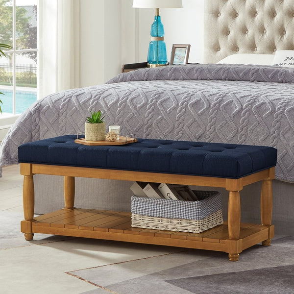 English Elm Upholstered Tufted Bench with Slatted Shelf Spindle Legs Bedroom Entryway Accent Navy Blue W2186P504499