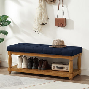 English Elm Upholstered Tufted Bench with Slatted Shelf Spindle Legs Bedroom Entryway Accent Navy Blue W2186P504499