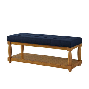 English Elm Upholstered Tufted Bench with Slatted Shelf Spindle Legs Bedroom Entryway Accent Navy Blue W2186P504499