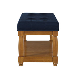 English Elm Upholstered Tufted Bench with Slatted Shelf Spindle Legs Bedroom Entryway Accent Navy Blue W2186P504499