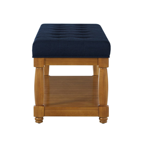 English Elm Upholstered Tufted Bench with Slatted Shelf Spindle Legs Bedroom Entryway Accent Navy Blue W2186P504499