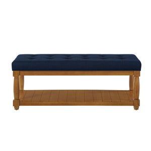 English Elm Upholstered Tufted Bench with Slatted Shelf Spindle Legs Bedroom Entryway Accent Navy Blue W2186P504499