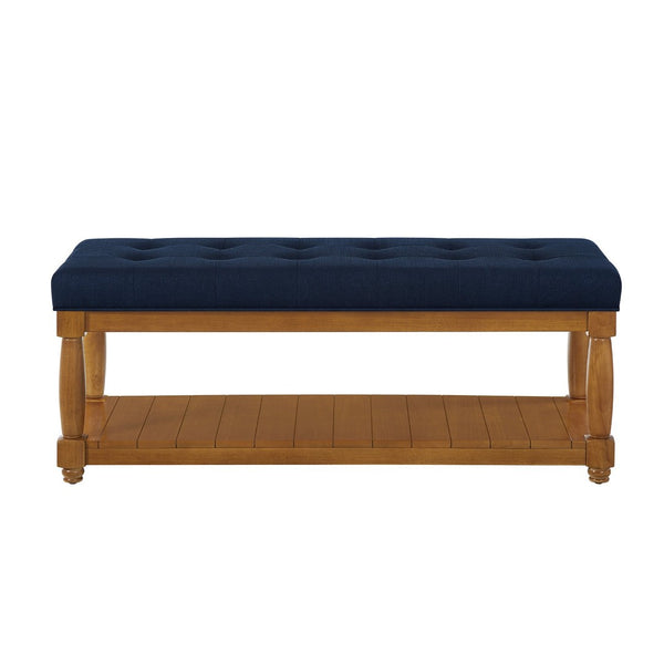 English Elm Upholstered Tufted Bench with Slatted Shelf Spindle Legs Bedroom Entryway Accent Navy Blue W2186P504499