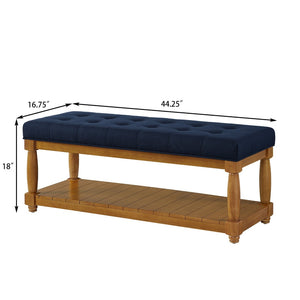 English Elm Upholstered Tufted Bench with Slatted Shelf Spindle Legs Bedroom Entryway Accent Navy Blue W2186P504499