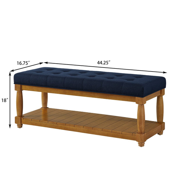 English Elm Upholstered Tufted Bench with Slatted Shelf Spindle Legs Bedroom Entryway Accent Navy Blue W2186P504499