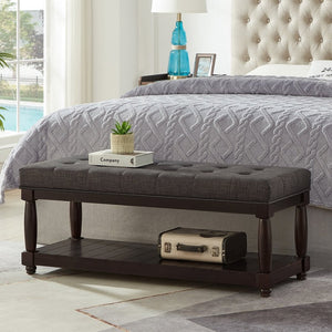 English Elm Upholstered Tufted Bench with Slatted Shelf Spindle Legs Bedroom Entryway Accent Dark Gray W2186P504500