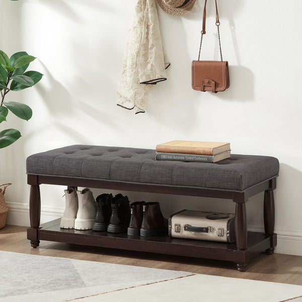 English Elm Upholstered Tufted Bench with Slatted Shelf Spindle Legs Bedroom Entryway Accent Dark Gray W2186P504500