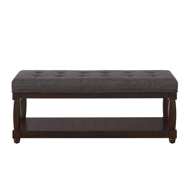 English Elm Upholstered Tufted Bench with Slatted Shelf Spindle Legs Bedroom Entryway Accent Dark Gray W2186P504500