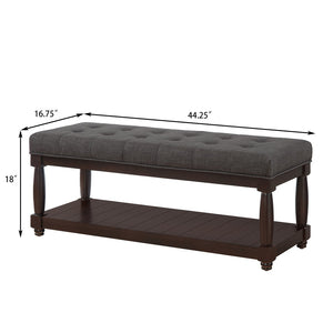 English Elm Upholstered Tufted Bench with Slatted Shelf Spindle Legs Bedroom Entryway Accent Dark Gray W2186P504500
