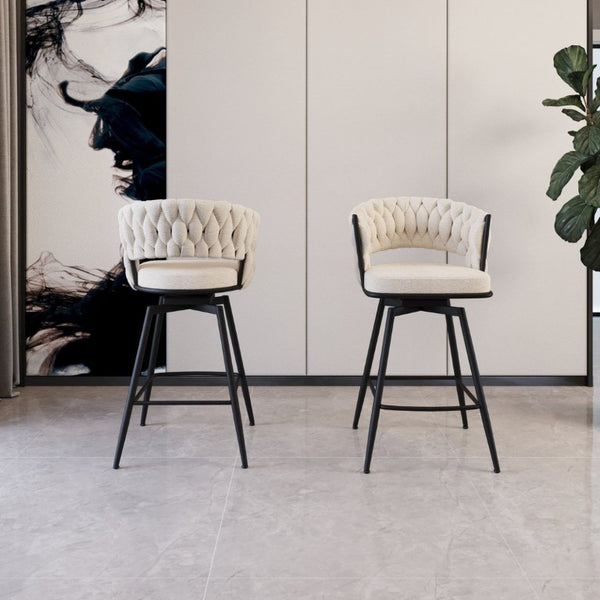 English Elm 26 Inch Swivel Woven Terry Cloth Counter Stools Set of 2 with Matte Black Metal Base W2189P180368