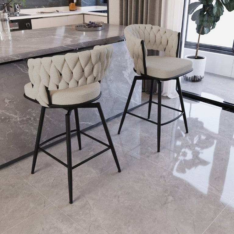 English Elm 26 Inch Swivel Woven Terry Cloth Counter Stools Set of 2 with Matte Black Metal Base W2189P180368