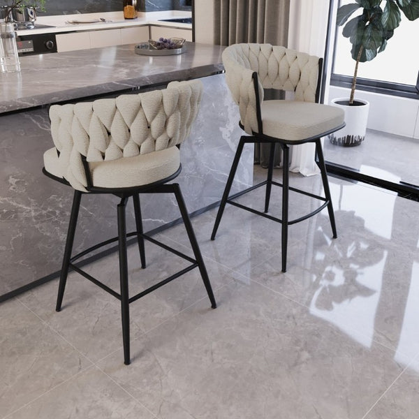 English Elm 26 Inch Swivel Woven Terry Cloth Counter Stools Set of 2 with Matte Black Metal Base W2189P180368
