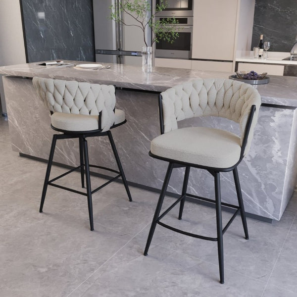 English Elm 26 Inch Swivel Woven Terry Cloth Counter Stools Set of 2 with Matte Black Metal Base W2189P180368