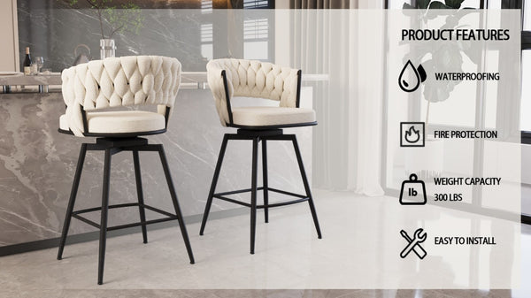 English Elm 26 Inch Swivel Woven Terry Cloth Counter Stools Set of 2 with Matte Black Metal Base W2189P180368