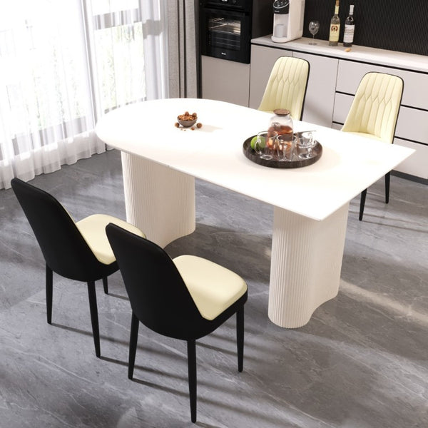 English Elm 63 Inch Cream MDF Dining Table Set with PU Leather Chairs and Black Metal Legs Beige+Cream - A W2189S00436