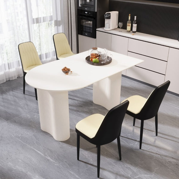English Elm 63 Inch Cream MDF Dining Table Set with PU Leather Chairs and Black Metal Legs Beige+Cream - A W2189S00436