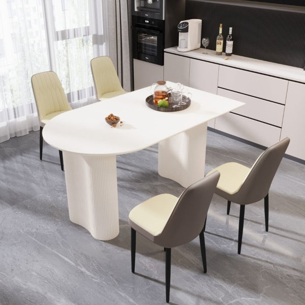 English Elm 63 Inch Cream MDF Dining Table Set with PU Leather Chairs and Black Metal Legs Beige+Cream - B W2189S00437