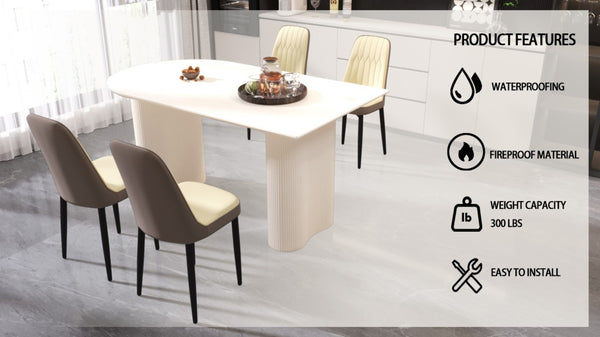 English Elm 63 Inch Cream MDF Dining Table Set with PU Leather Chairs and Black Metal Legs Beige+Cream - B W2189S00437