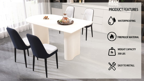 English Elm 63 Inch Cream MDF Dining Table Set with PU Leather Chairs and Black Metal Legs Blue+Cream,White W2189S00438