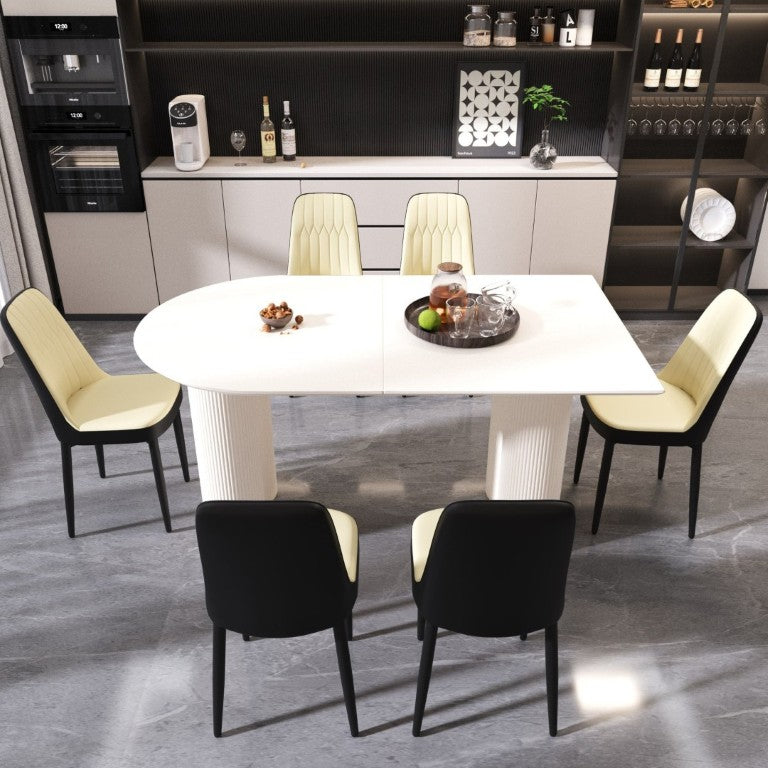 English Elm 63 Inch Six Seat MDF Dining Set with PU Leather Chairs and Black Metal Legs W2189S00440