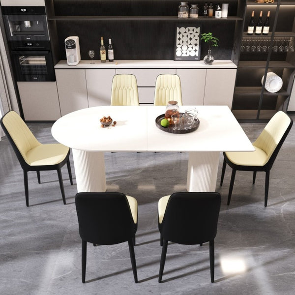 English Elm 63 Inch Six Seat MDF Dining Set with PU Leather Chairs and Black Metal Legs W2189S00440