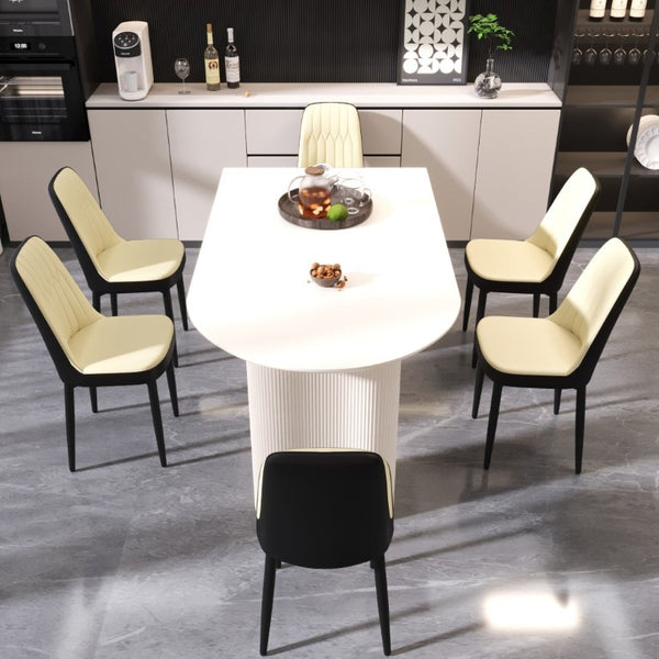 English Elm 63 Inch Six Seat MDF Dining Set with PU Leather Chairs and Black Metal Legs W2189S00440