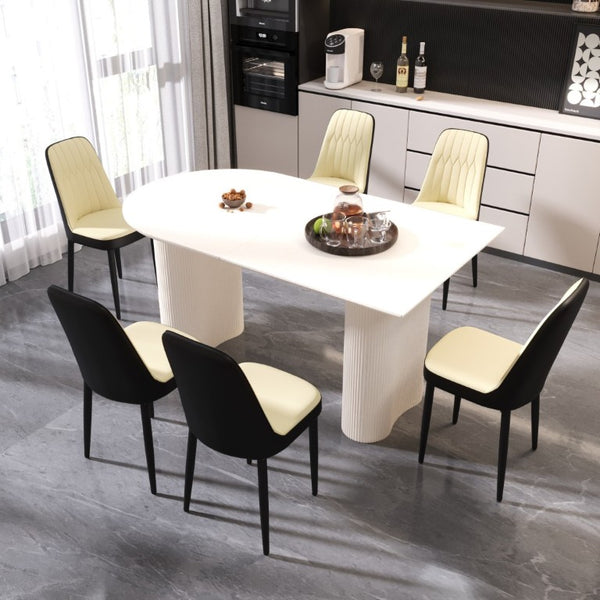 English Elm 63 Inch Six Seat MDF Dining Set with PU Leather Chairs and Black Metal Legs W2189S00440