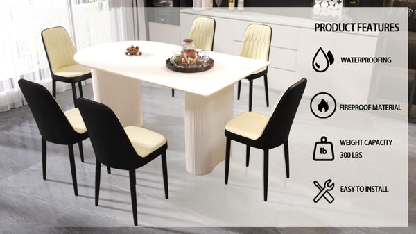 English Elm 63 Inch Six Seat MDF Dining Set with PU Leather Chairs and Black Metal Legs W2189S00440