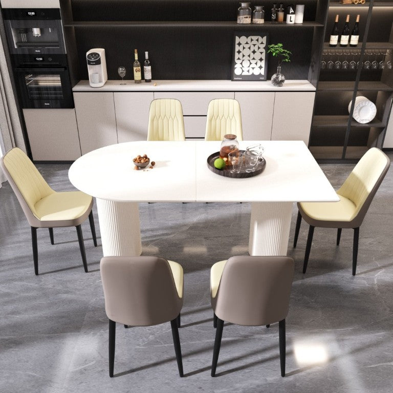 English Elm 63 Inch Cream MDF Dining Set Seats Six with PU Leather Chairs and Black Metal Legs W2189S00441