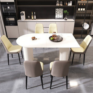 English Elm 63 Inch Cream MDF Dining Set Seats Six with PU Leather Chairs and Black Metal Legs W2189S00441