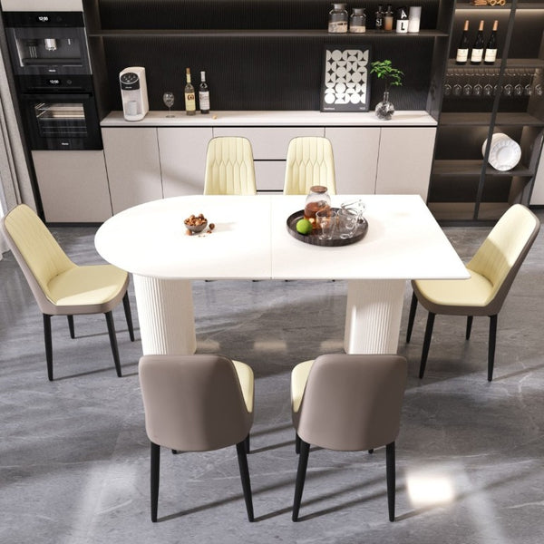 English Elm 63 Inch Cream MDF Dining Set Seats Six with PU Leather Chairs and Black Metal Legs W2189S00441