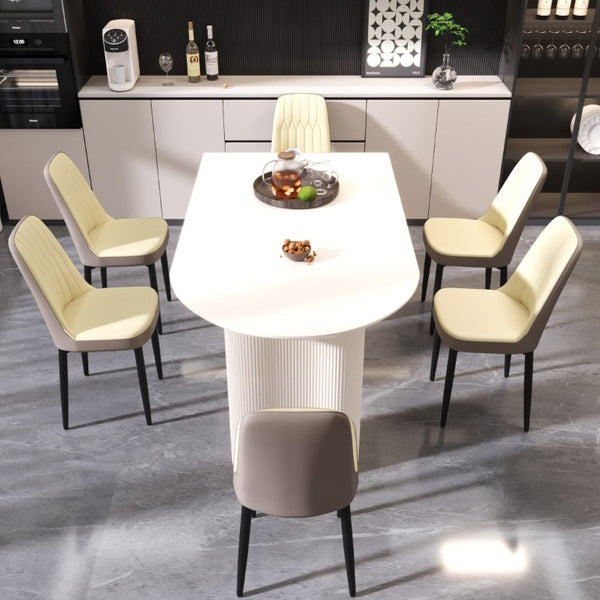 English Elm 63 Inch Cream MDF Dining Set Seats Six with PU Leather Chairs and Black Metal Legs W2189S00441