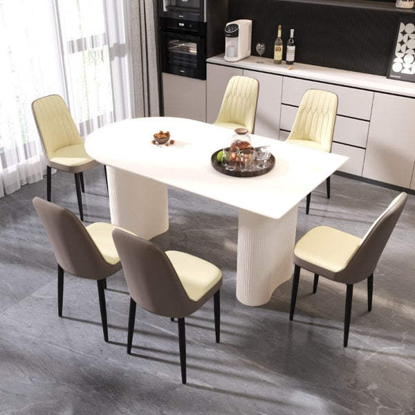 English Elm 63 Inch Cream MDF Dining Set Seats Six with PU Leather Chairs and Black Metal Legs W2189S00441