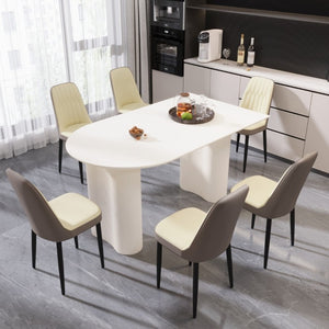 English Elm 63 Inch Cream MDF Dining Set Seats Six with PU Leather Chairs and Black Metal Legs W2189S00441