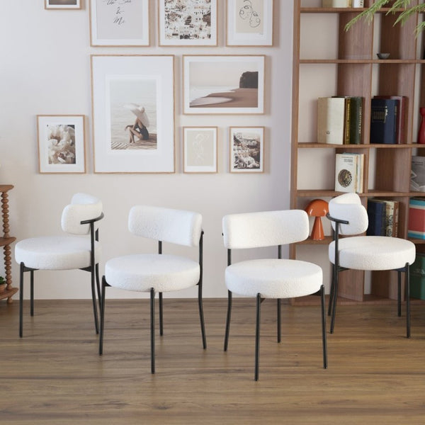 English Elm White Boucle Dining Chair Set of 4 Mid Century Barrel Back with Matte Black Legs W2189S01018