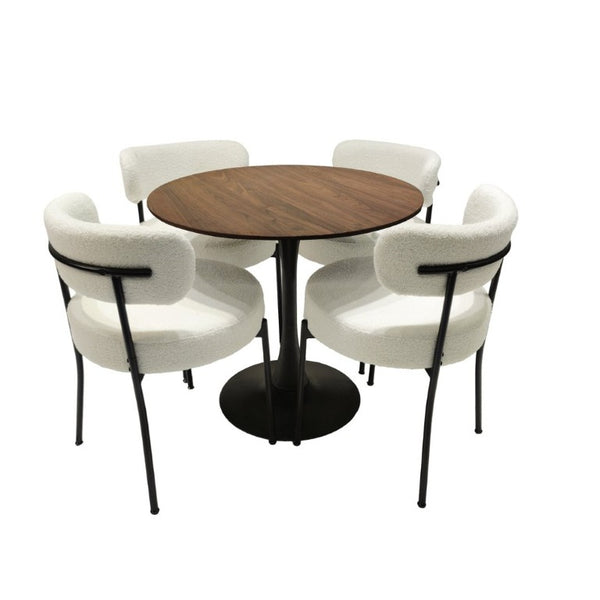 English Elm White Boucle Dining Chair Set of 4 Mid Century Barrel Back with Matte Black Legs W2189S01018