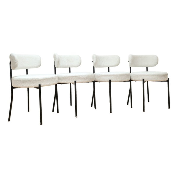 English Elm White Boucle Dining Chair Set of 4 Mid Century Barrel Back with Matte Black Legs W2189S01018