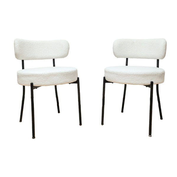 English Elm White Boucle Dining Chair Set of 4 Mid Century Barrel Back with Matte Black Legs W2189S01018