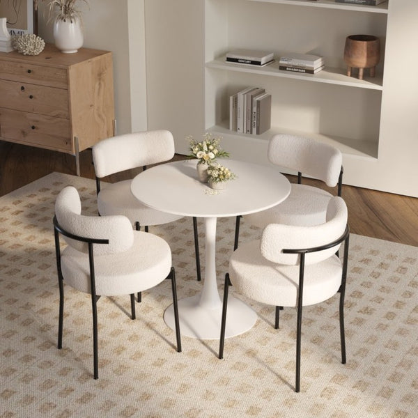 English Elm White Boucle Dining Chair Set of 4 Mid Century Barrel Back with Matte Black Legs W2189S01018