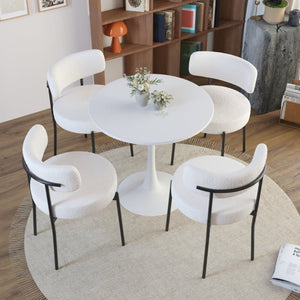 English Elm White Boucle Dining Chair Set of 4 Mid Century Barrel Back with Matte Black Legs W2189S01018