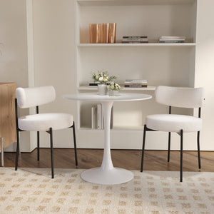 English Elm White Boucle Dining Chair Set of 4 Mid Century Barrel Back with Matte Black Legs W2189S01018