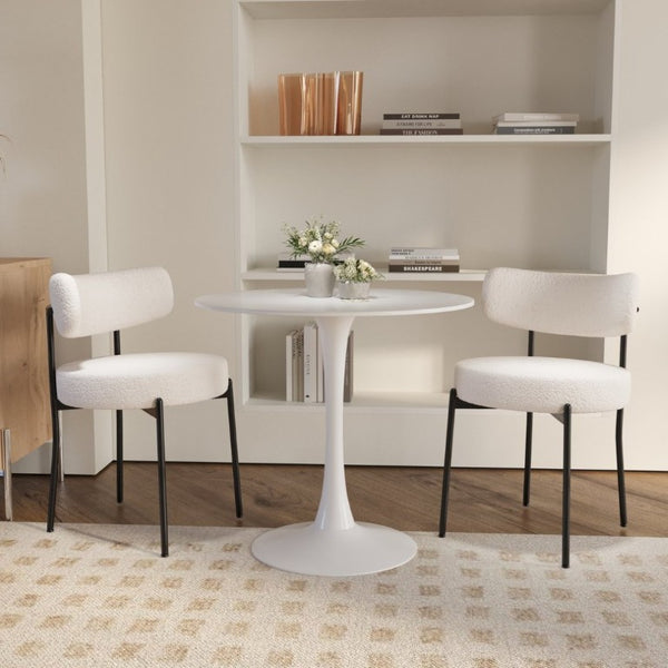 English Elm White Boucle Dining Chair Set of 4 Mid Century Barrel Back with Matte Black Legs W2189S01018